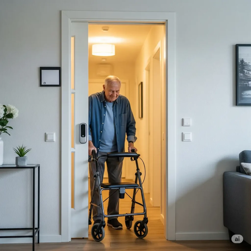 Senior geht durch eine automatisch öffnende Schiebetür